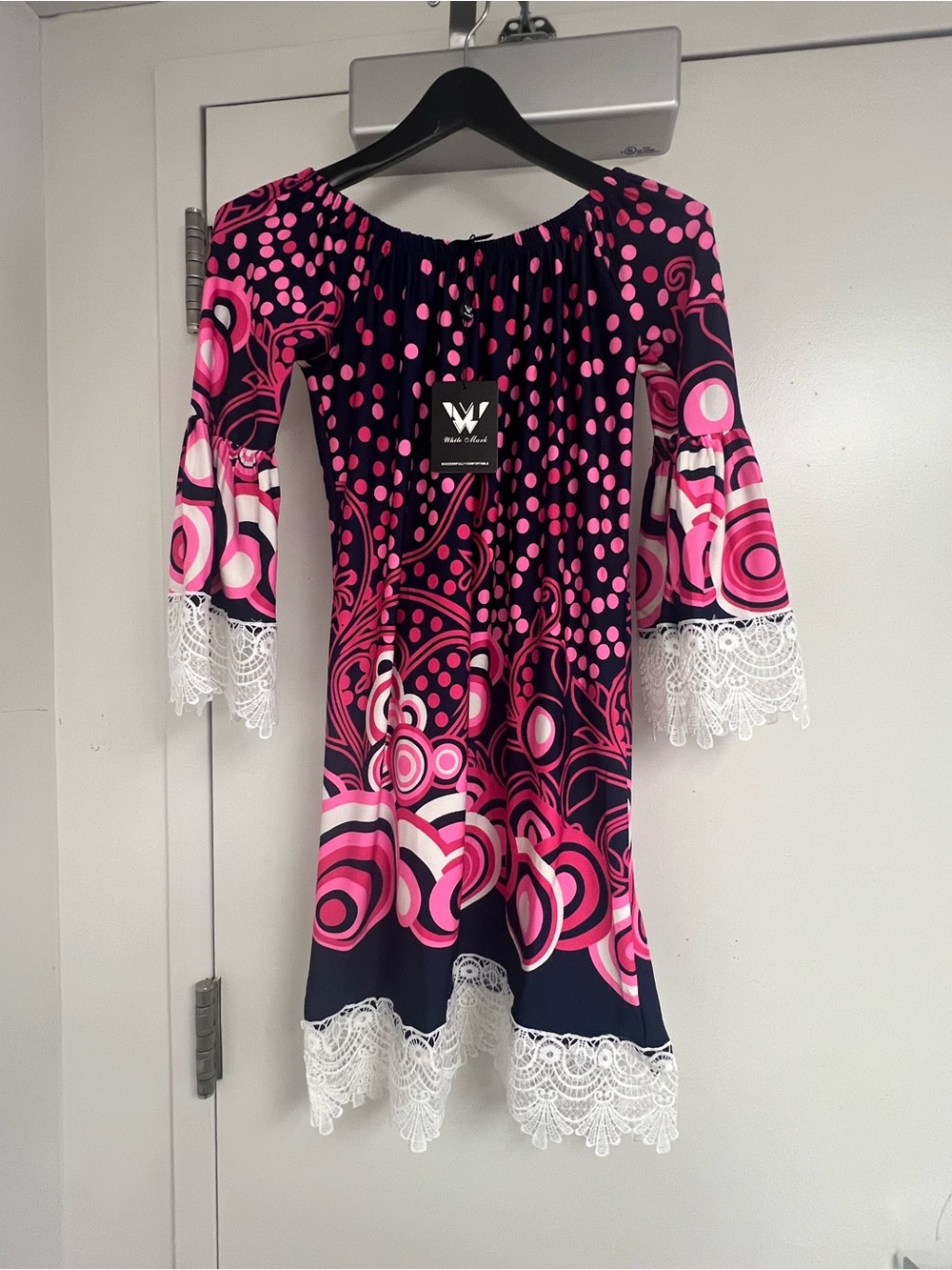 Pink & Navy Off-Shoulder Lace-Hem Dress